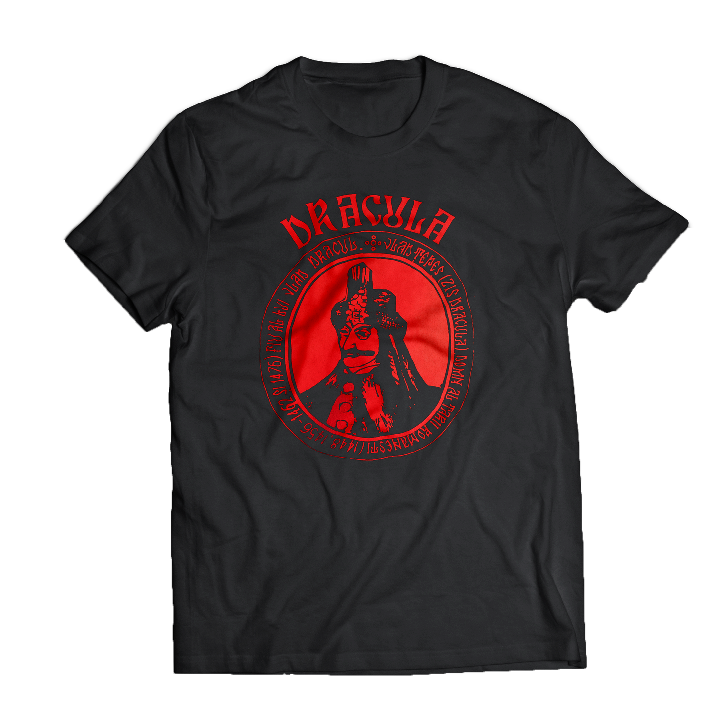 product image of red vintage authentic Dracula print on black unisex t-shirt