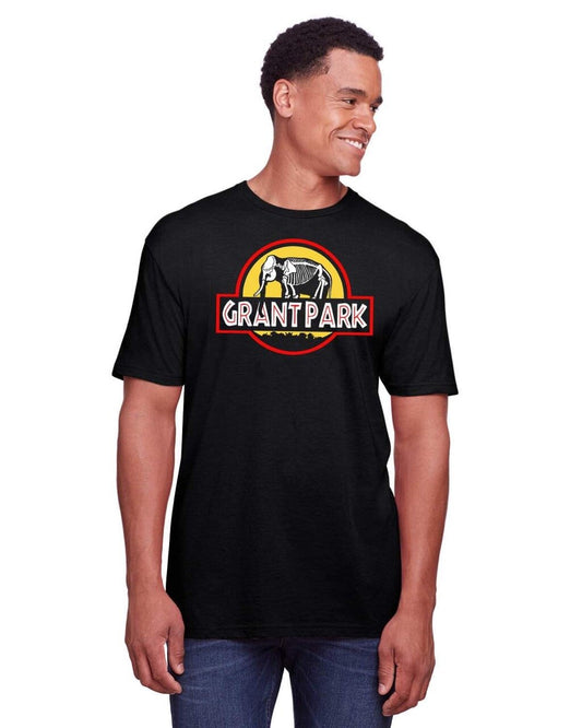 product image of man wearing black t-shirt with text reading 'Grant Park' in Jurassic Park parody logo with stylistic dinosaur replaced by elephant in same stlye