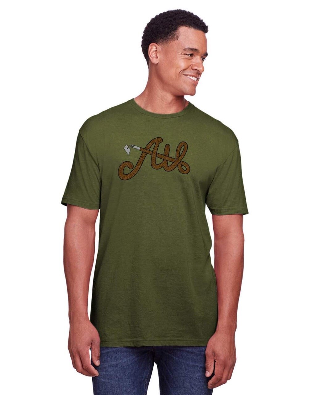 product image of man wearing green t-shirt featuring illustration of garden hoe in the shape of the text 'ATL Hoe'