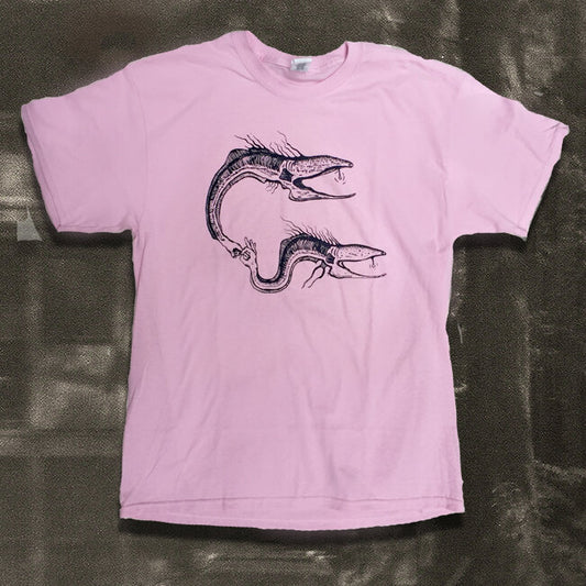 product image of black t-shirt with pink print of two stylized, illustrated fish with fingers as tails connected in a sugguestive gesture