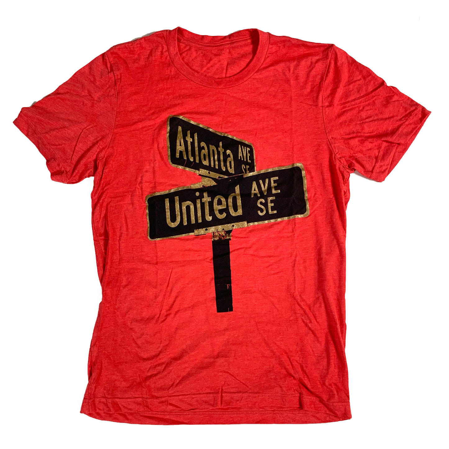 product image of gold and black print of United Ave street sign from Atlanta, Georgia on red unisex t-shirt