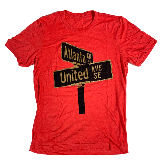 product image of gold and black print of United Ave street sign from Atlanta, Georgia on red unisex t-shirt